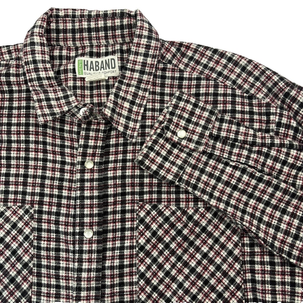 Vtg Haband Western Mens Black Red Plaid Flannel Shirt Pearl Snap Button Large
